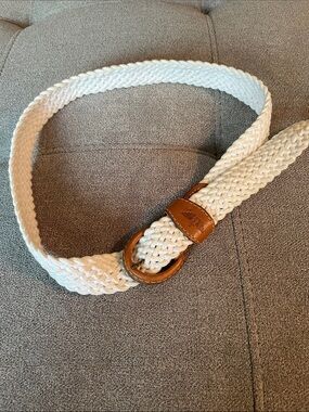 Dockers Braided White Woven Belt with Brown Leather Accent
